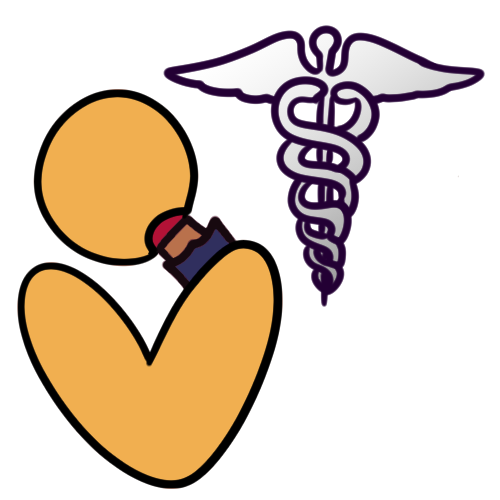 a simple depiction of a person eating a nutrient bar. across from them is a silver caduceus (medical symbol).